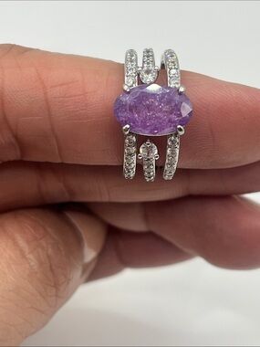 Silver Ring with Oval Purple Gemstone and Pavé Accents